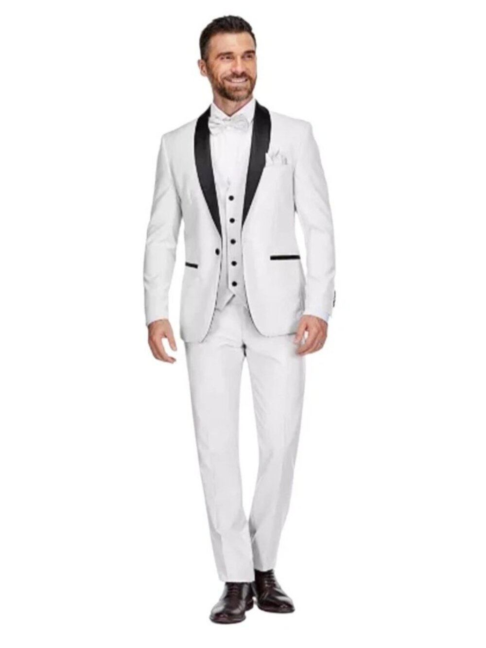 Gino Vitale Men Tuxedo White 3 Piece Size 44 Short Pants 38 Waist Unhemmed